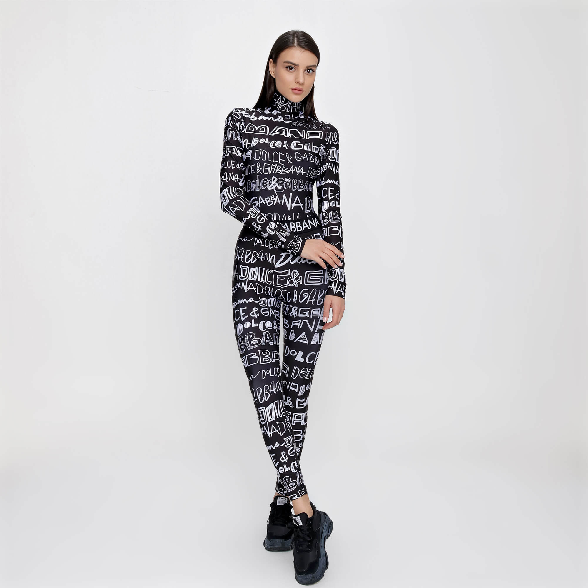 Dolce&Gabbana - Black & White Spandex Jersey DG Graffiti Print Bodysuit & Leggings Set